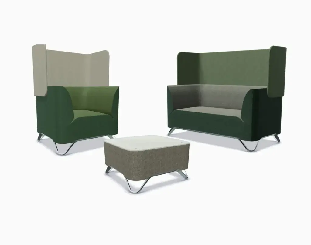 Sitzmöbel mit rückseitigem Schallschutz in dunkelgrünem Stoff_3D Visualisierung